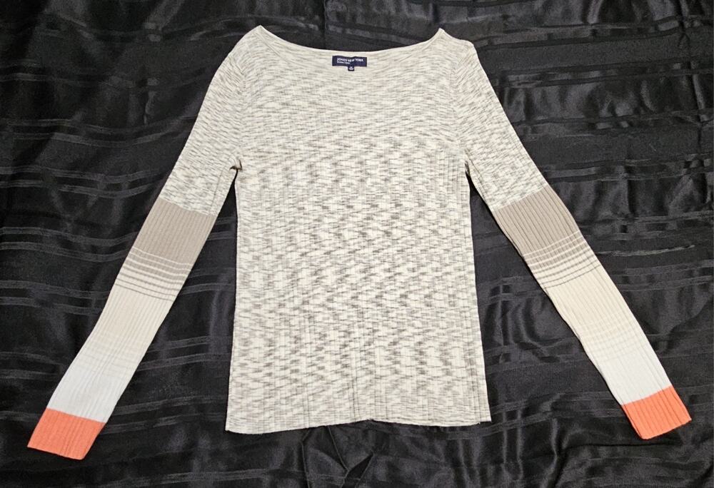 Jones New York Sweater M Knit Colorblock Striped Cuff Long Sleeve Heathered Gray